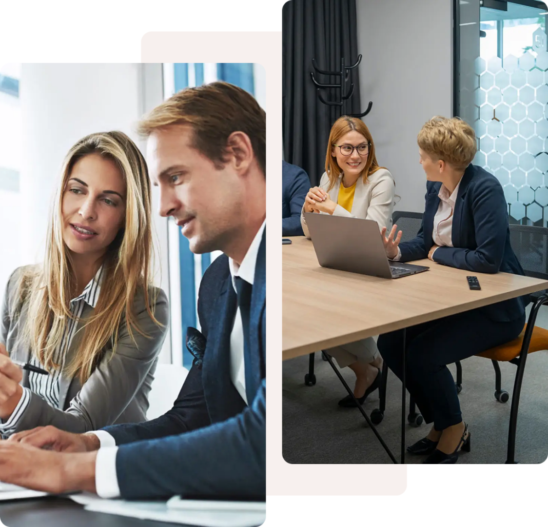 Two teams collaborating in a modern office